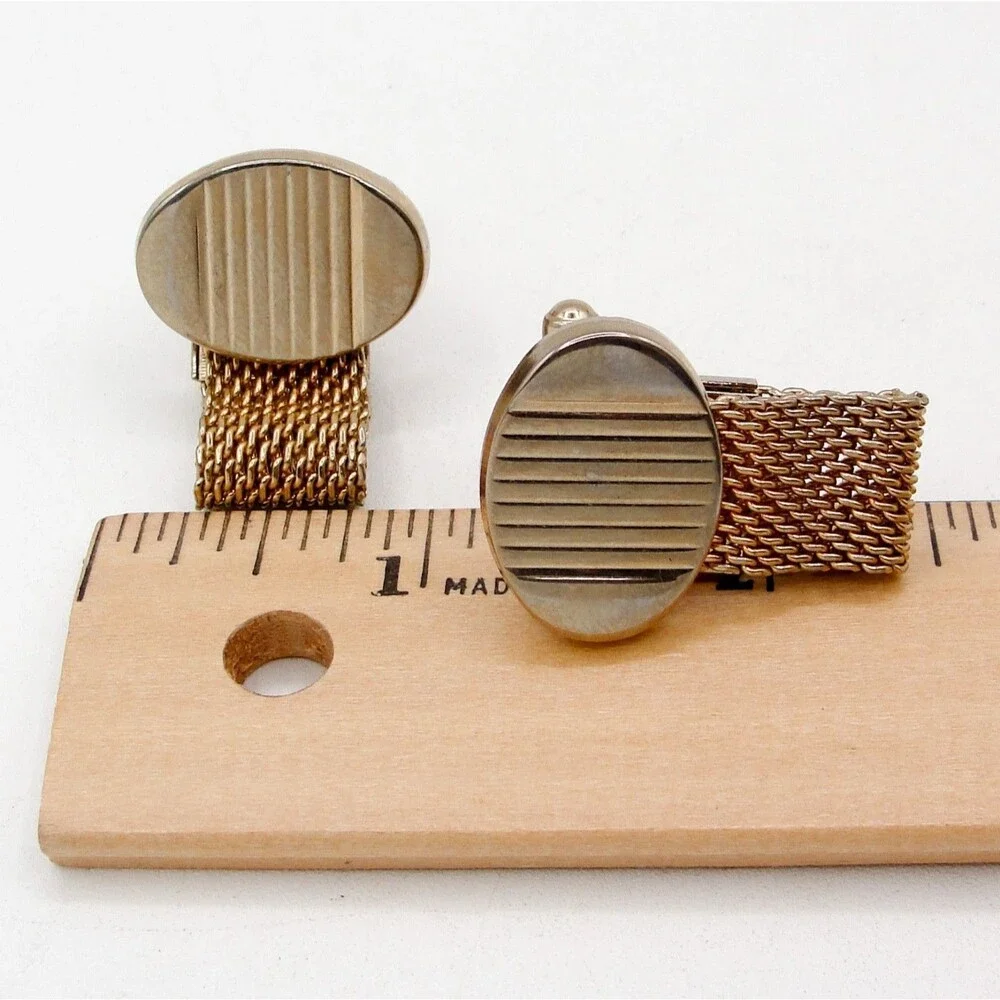 Vintage Oval Striped Lined Gold Tone Mesh Wrap Around Cufflinks Ribbed Retro MCM